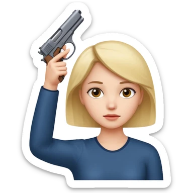Girl holding hands up to head in shape of a gun sticker