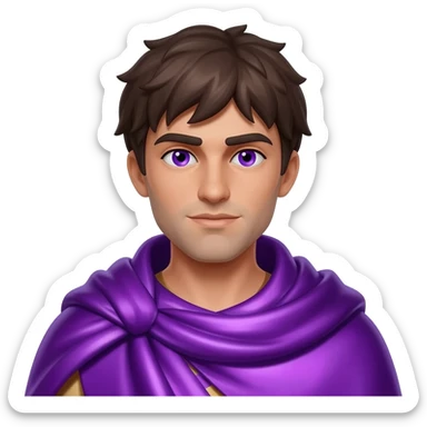 Liber from Roman Mythology with purple eyes, dark brown hair, purple metallic cloak sticker