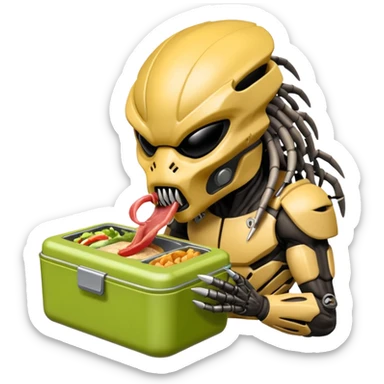 The predator with mask eating from a lunchbox, the setting should not be cartoon like. sticker