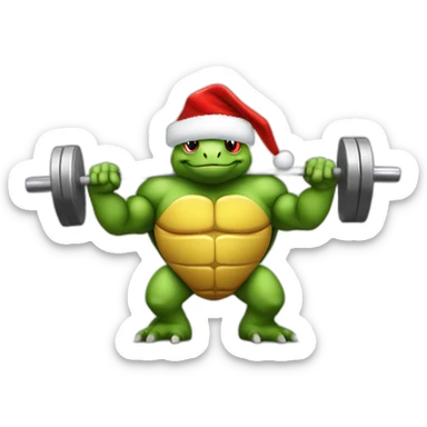 Bodybuilder turtle pumping iron wearing Christmas hat sticker