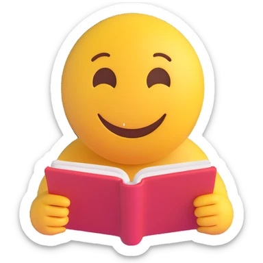 3D smiley emoji, round shape, student reading in library, blue color, calm face sticker