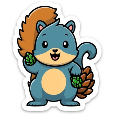 Greedy little squirrel with a large pine cone balanced on top of its head, with an unsettling strange expression, looking hungry sticker