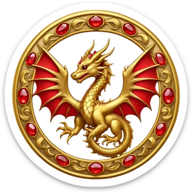 Golden dragon with wings crest / brosch in a circle with red gems and no background sticker
