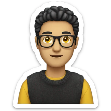 White man with yellow tinted glasses and black hair in a jumper sitting on a chair sticker