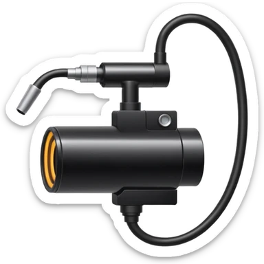 Apple emoji style icon of an endoscope. A minimalist coiled black tube ending in a glowing camera tip. Glossy, rounded sticker