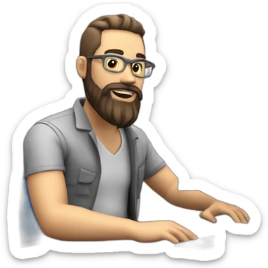 3d artist with beard sit on the PC with graphic tablet sticker