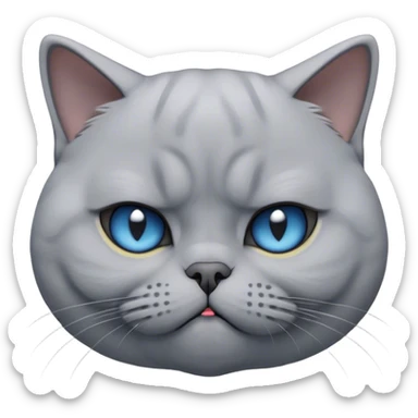 Cinematic Comical Grey British Shorthair Cat Portrait Emoji, Head tilted with a scrunched, grumpy expression, sleek soft grey fur with subtle blue undertones, Simplified yet sharp features, highly detailed, glowing with a slightly sarcastic glow, high shine, poised but with a comically displeased demeanor, stylized with an air of playful disdain, focused yet unimpressed, soft glowing outline, capturing the essence of a grumpy yet endearing kitty, so lifelike it feels like it could give you an exaggerated sigh and a disapproving stare at any moment! sticker