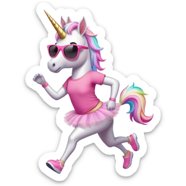friendly anthropomorphised female unicorn in tutu and pink t-shirt, wearing dark sunglasses, jogging upright in standard pose sticker