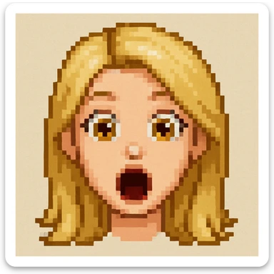 Change the expression to a surprised look with wide eyes and an open mouth, keeping the same style and features. Make it look like a pixel art. sticker