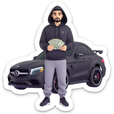Create a 3D style image of a person with black goatee and black facial hair, wearing a hoodie and black sweatpants. The person is holding realistic US dollar bills. An AMG car is behind him. Use the reference image for pose and vibe. Avoid chrome style, focus on a realistic 3D emoji style. sticker