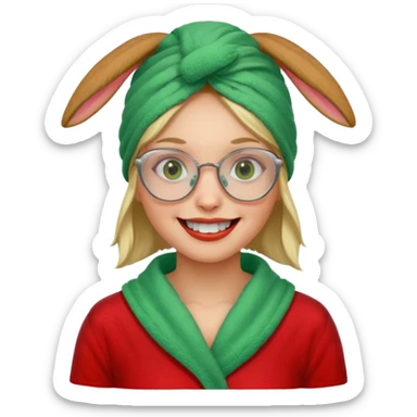 A woman who has a big rabbit-like front teeth wearing a green towel in her head with a broken glasses on her face in red pajamas sticker