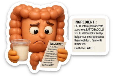 SU QUESTO STILE FAI UN EMOJI STILE IPHONE 3D DI UN INTESTINO CHE HA IN MANO UN BARATTOLO DI YOGURT CONFEZIONATO DA SUPERMERCATO E LEGGE L'ETICHETTA NUTRIZIONALE CON GLI INGREDIENTI IN ITALIANO, ACCANTO ALLO YOGURT CHE HA IN MANO C'è UN FOCUS SULL'ETICHETTA CON GLI INGREDIENTI SCRITTI, FAGLI UN ESPRESSIONE CONFUSA MENTRE LEGGE E FALLO MOLTO REALISTICO IN 3D sticker