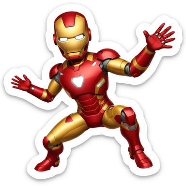 Iron Man flying emoji, arms forward, red and gold suit, apple style emoji sticker