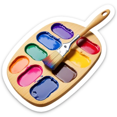 Cinematic Realistic image of a vibrant paint palette and brush, featuring a wooden palette smeared with an array of richly blended colors and a finely detailed brush with soft, delicate bristles, set against a softly textured background that evokes artistic inspiration sticker