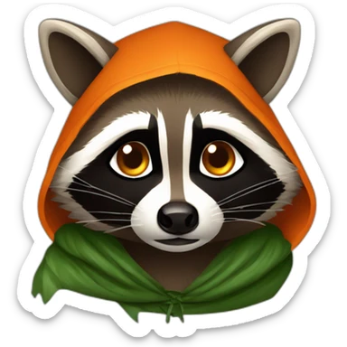 brown raccoon with orange eyes and a dark green hood that is crying sticker