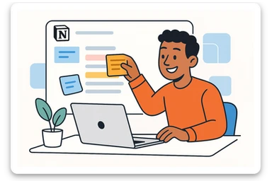 a cheerful man organizing notes in Notion, minimal, clean, techy sticker