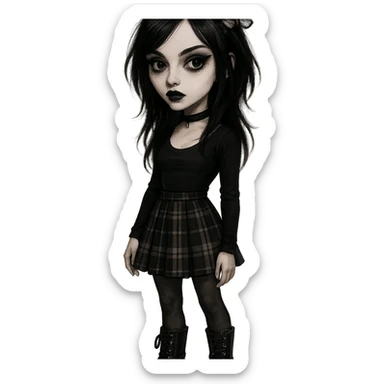 emo girl with heart-shaped face, plaid skirt, chunky boots, butterfly crown, mysterious and elegant sticker