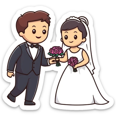 Person in fancy clothes sneaking into a wedding ceremony with a mischievous grin, uninvited guest sticker