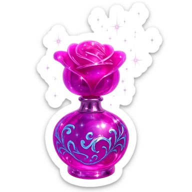 modernus prabangus eliksyro buteliukas, rožės forma, ryški rožinė spalva, holografiniai ir sidabriniai ornamentai, itin ryškūs magiški švytėjimai ir efektai, labai mažas kaklelis, skaidrus fonas, vientisas dugnas, be šešėlio, plūduriuoja ore, kolekcijos stilius sticker