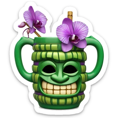 Mid century style Green tiki mug with striped straw and purple orchid garnish sticker