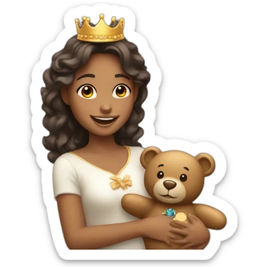 happy girl with teddy bear and a crown sticker
