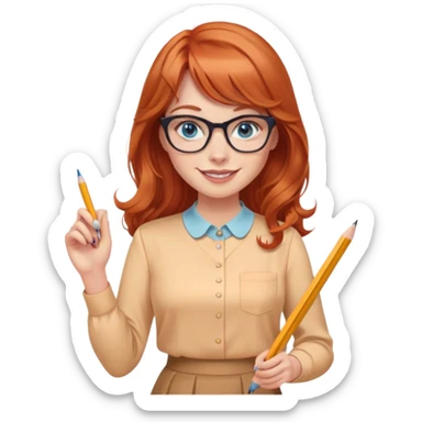 smiling redheaded woman with long wavy hair and bangs, blue eyes, cat-eye glasses, pencil skirt, apricot blouse, holding a pencil sticker