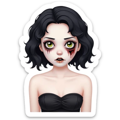 Quero uma garota Zumbi, que ela tenha cabelo preto e ondulado SÓ nas pontas! Olhos pretos, cílios, esteja usando um cropped preto tomara que caia. sticker