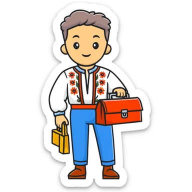 Ukrainian man in traditional embroidered vyshyvanka shirt holding a toolbox sticker