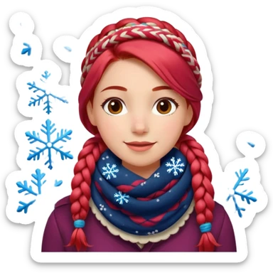 A red braid hair cheerful woman with patterned scarf, snowflakes land on her hair. sticker