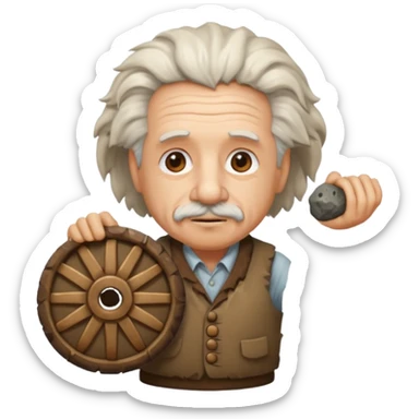 Albert Einstein as a caveman with a stone wheel, emoji style sticker