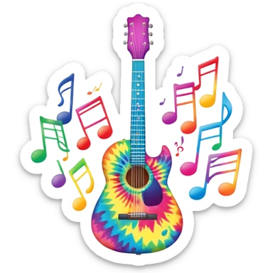 Tie-dye guitar with music notes around it sticker