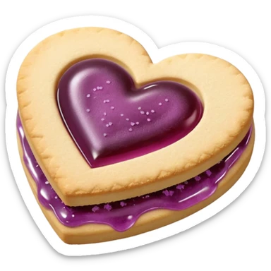 Realistic shortbread cookie in the shape of a heart with mauve jelly middle filling and sprinkled powder sugar on top. sticker