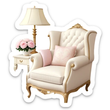 A cozy vintage-inspired reading nook, with an overstuffed ivory armchair, a golden reading lamp, and a bouquet of soft pink roses, white peonies, and dahlias resting on a small lace-covered side table, as a pearl butterfly gently rests on the open book.
 sticker