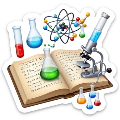 Icon for Scientific and Educational Reading: an open book with mathematical and physical formulas on the pages, with molecules and atoms flying out. On the desk are test tubes, flasks, and a microscope. Transparent background. sticker