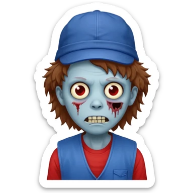 brown fluffy hair zombie with blue and white hat dark blue jilet red t shirt sticker
