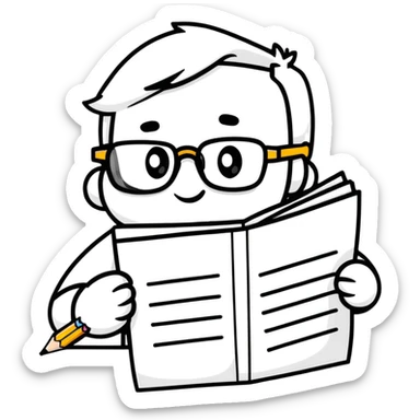 precise pencil character with glasses checking a document as a pedant mascot sticker
