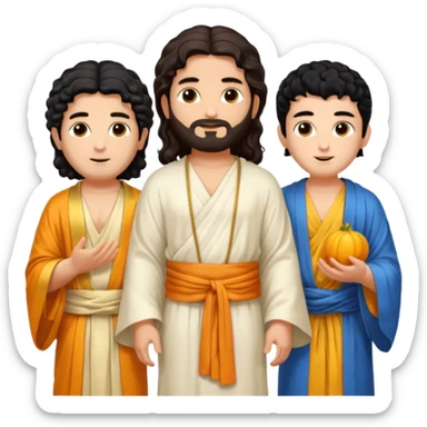 Create a Jesus, Krishna, and Buddha standing together. Jesus: long wavy dark-brown hair, short beard, wearing a simple white robe. 

 sticker