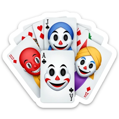 bunch of 3 poker cards, with crazy colorful human jolly jokers inside, inversed face, cuphead style sticker