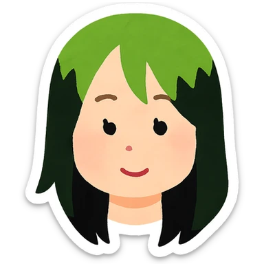 Billie Eilish head, Irasutoya style, green and black hair, soft cartoon face, simple features, no background sticker