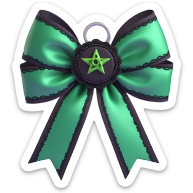 3D emoji gothic bow with deep green satin, black lace trim, and silver pentagram charm sticker