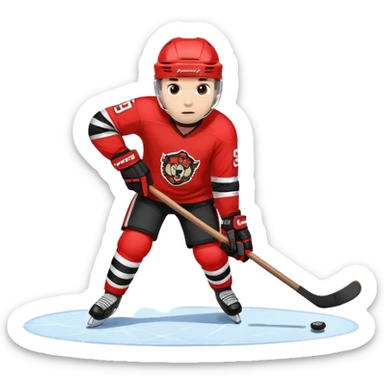 A hockey player in a helmet and with a stick in his hands in a red and black uniform rides on the ice, emotions of struggle, courage sticker