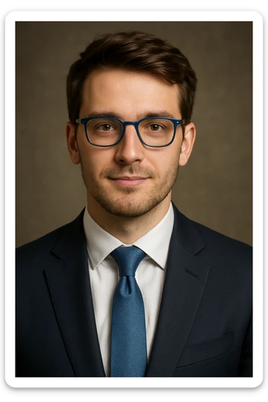 portrait of a young white man with brown hair, wearing blue-rimmed glasses and a business suit, exuding trust and respect sticker
