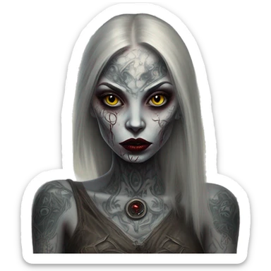 Tattooed alien in Vampire Survivors style, oil paint, mysterious eyes, intricate lips, masterpiece portrait, beautiful, desirable, logical sticker