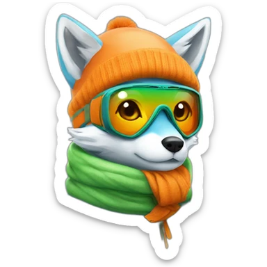 blue fox wear orange snow goggle amd green scarf sticker
