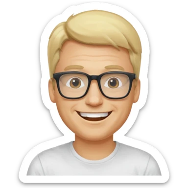 portrait of adult man, wearing a t-shirt, square glasses, grinning face, blond hair sticker