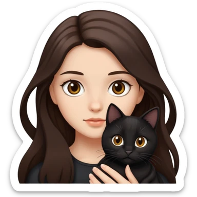 Brunette girl with long hair and brownie eyes and fair skin holding a black cat sticker