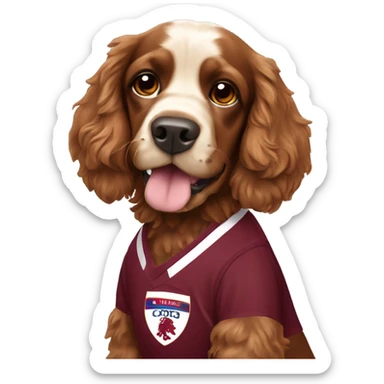 Cocker spaniel wearing an amber and claret football kit sticker