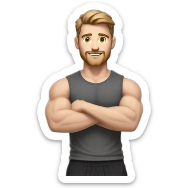 Close up Actively gesturing  with hands Pale skinned Fit Man With the biceps and brown hair in dark gray Sleeveless Mike, black oversize sports shorts, watch and white Sneakers sticker
