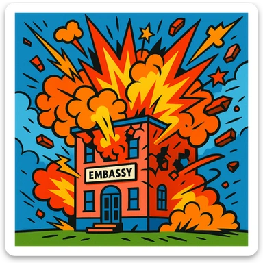 an embassy building exploding, cartoon style, expressive details, dynamic action, vibrant colors sticker