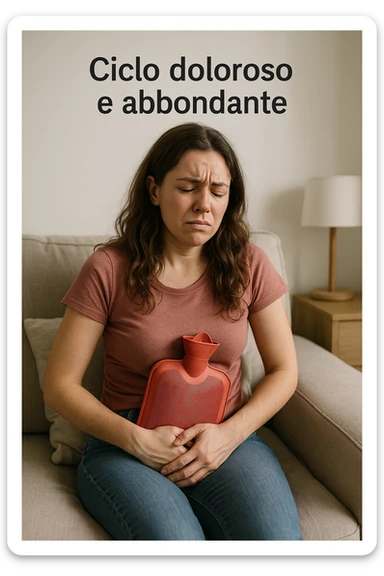 donna con ciclo doloroso e abbondante. testo in italiano. sticker